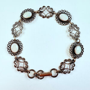 BEAU 3 TCW Opal Cabochon Filigree Scroll Link Sterling Silver 925 VTG Bracelet
